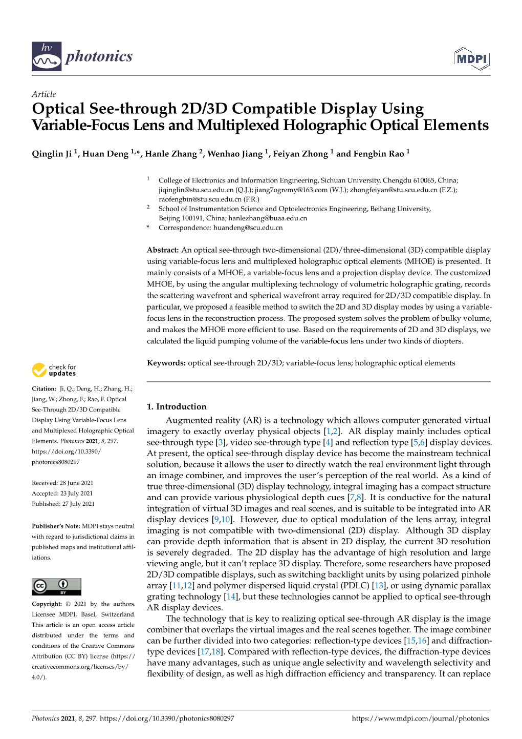 Optical See-Through 2D/3D Compatible Display Using Variable-Focus Lens and Multiplexed Holographic Optical Elements