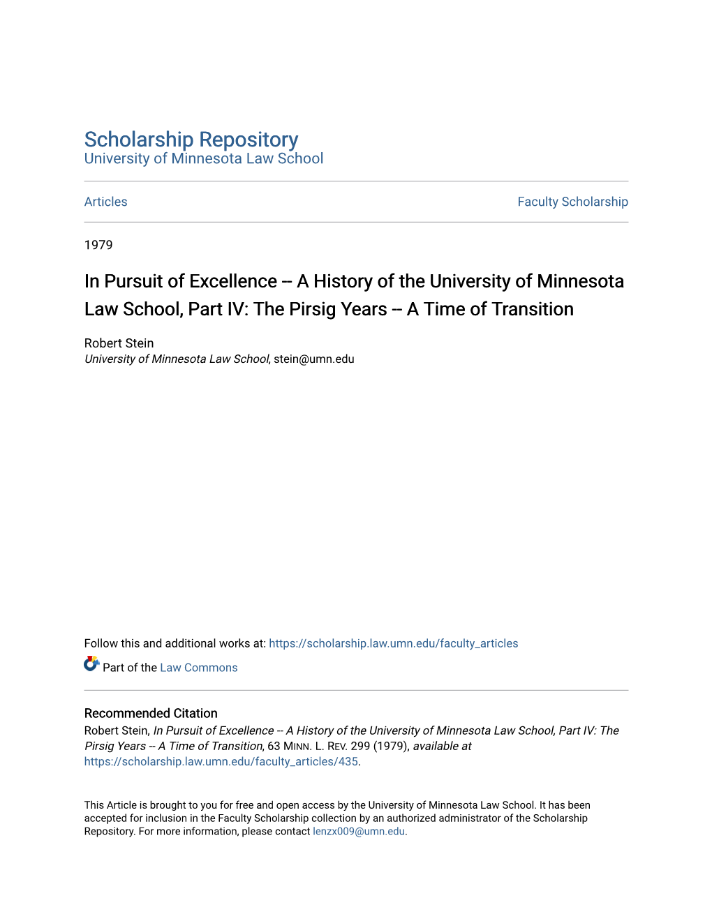 A History of the University of Minnesota Law School, Part IV: the Pirsig Years -- a Time of Transition