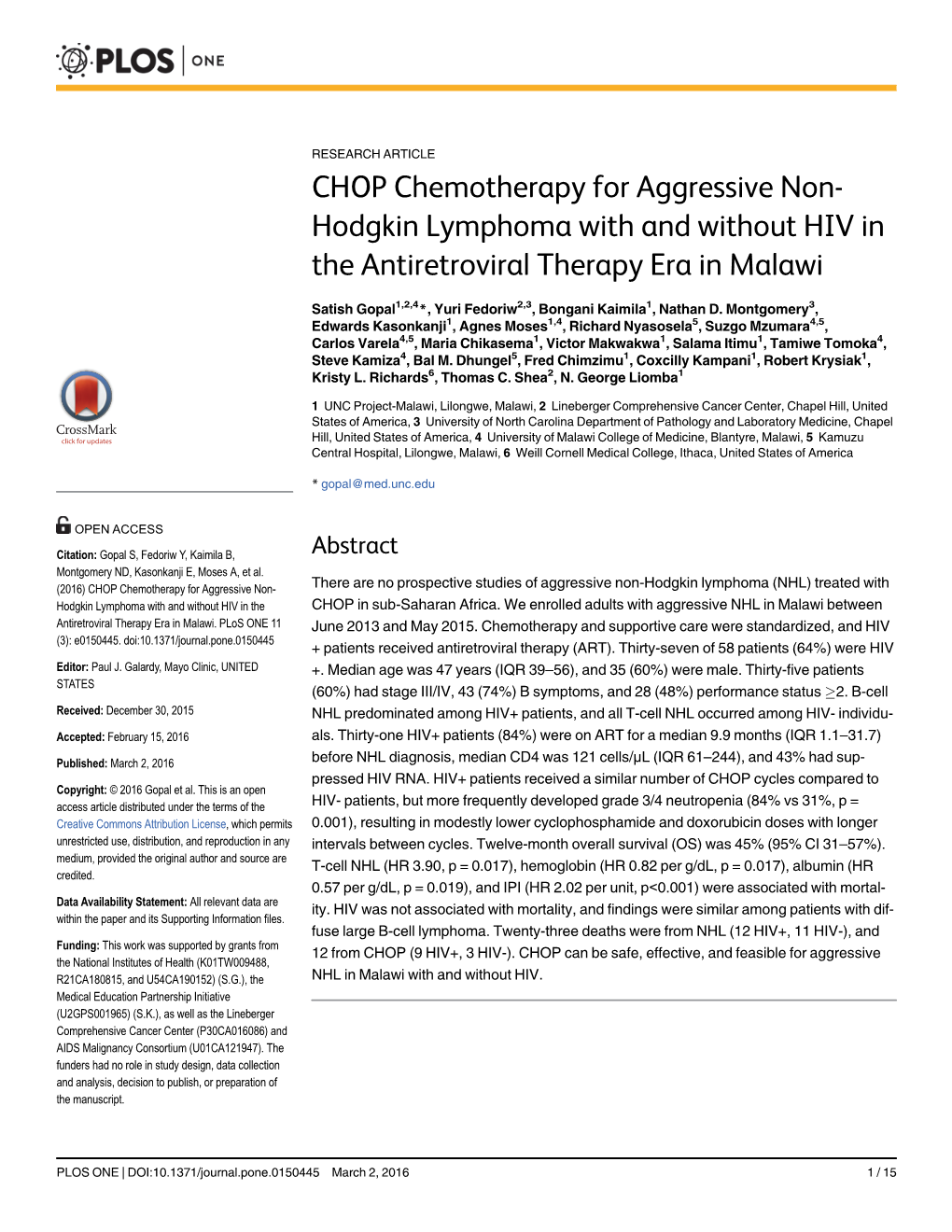 CHOP Chemotherapy for Aggressive Non-Hodgkin Lymphoma with and Without HIV in the Antiretroviral Therapy Era in Malawi