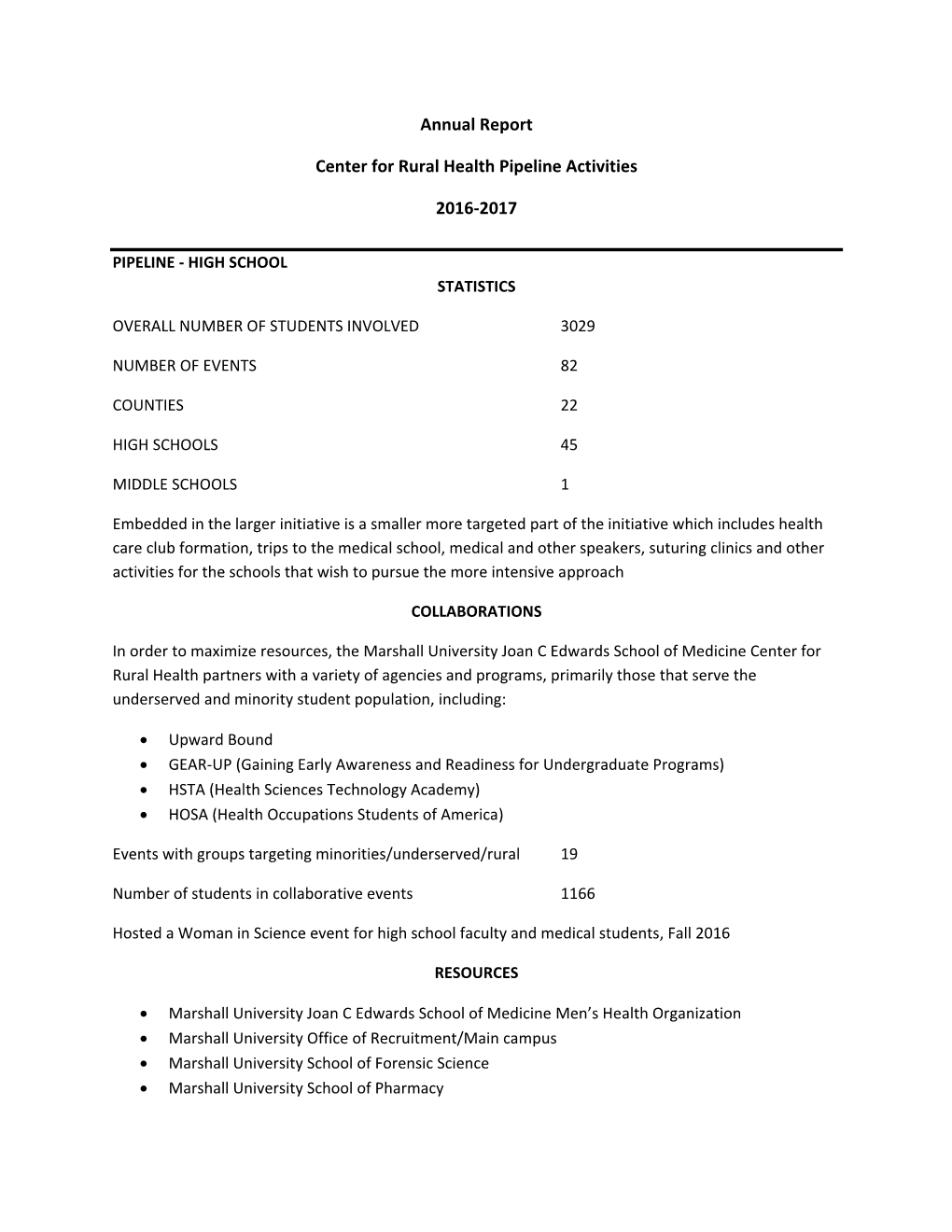 Annual Report Center for Rural Health Pipeline Activities 2016-2017