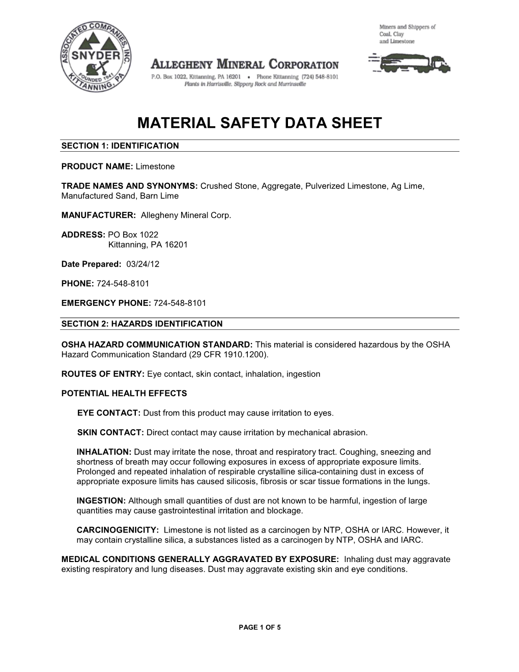 Material Safety Data Sheet