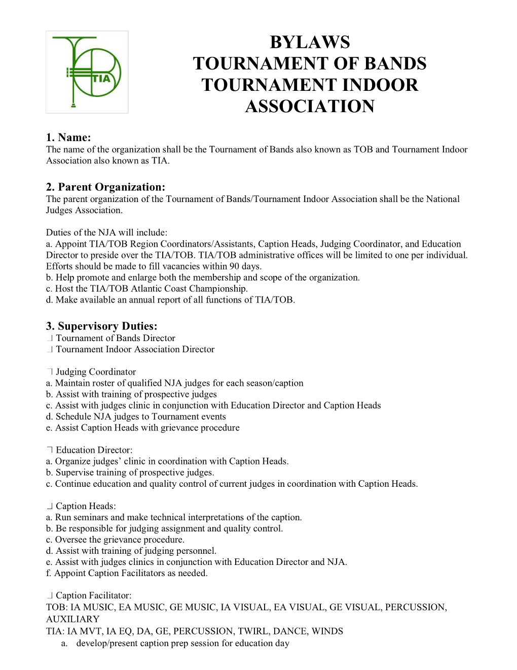 Bylaws Tournament of Bands Tournament Indoor Association