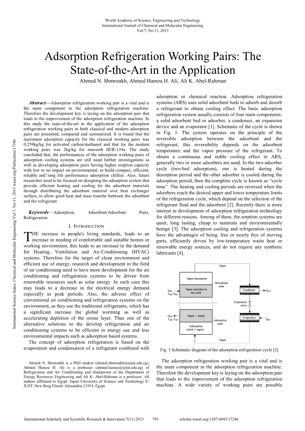 Adsorption Refrigeration Working Pairs : the State�Of �The�Art in the Application Ahmed N