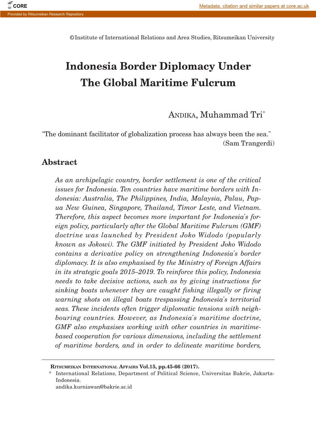 Indonesia Border Diplomacy Under the Global Maritime Fulcrum