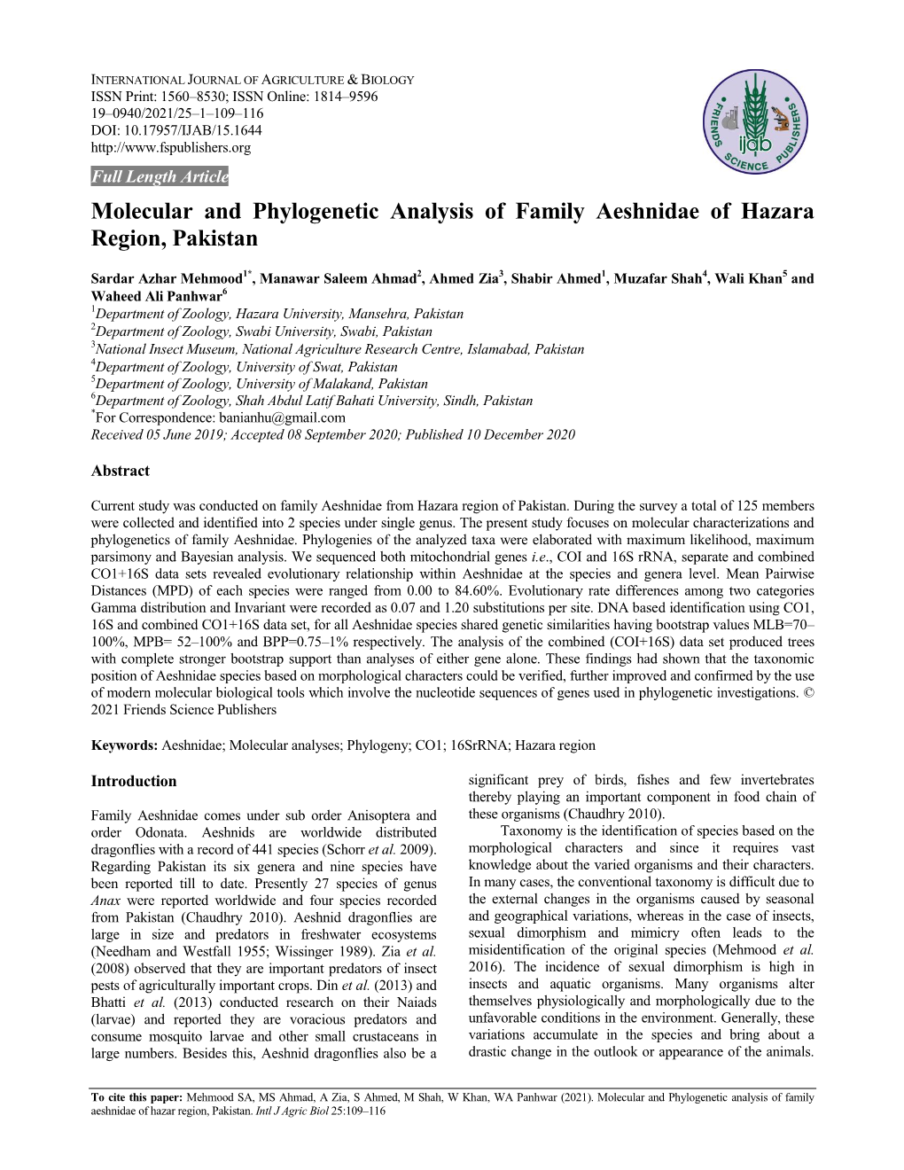 Molecular and Phylogenetic Analysis of Family Aeshnidae of Hazara Region, Pakistan