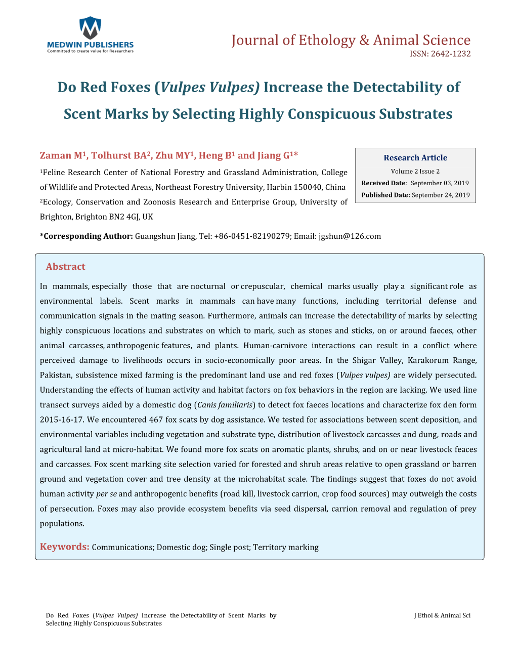 Jiang G, Et Al. Do Red Foxes (Vulpes Vulpes) Increase the Detectability of Copyright© Jiang G, Et Al