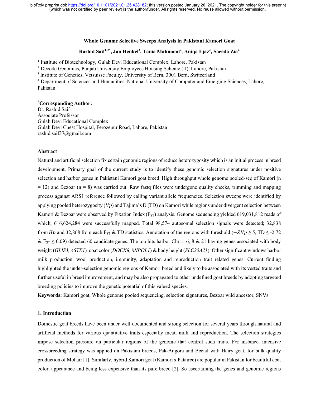 Whole Genome Selective Sweeps Analysis in Pakistani Kamori Goat