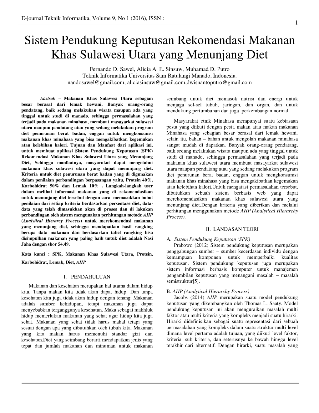 Sistem Pendukung Keputusan Rekomendasi Makanan Khas Sulawesi Utara Yang Menunjang Diet Fernando D