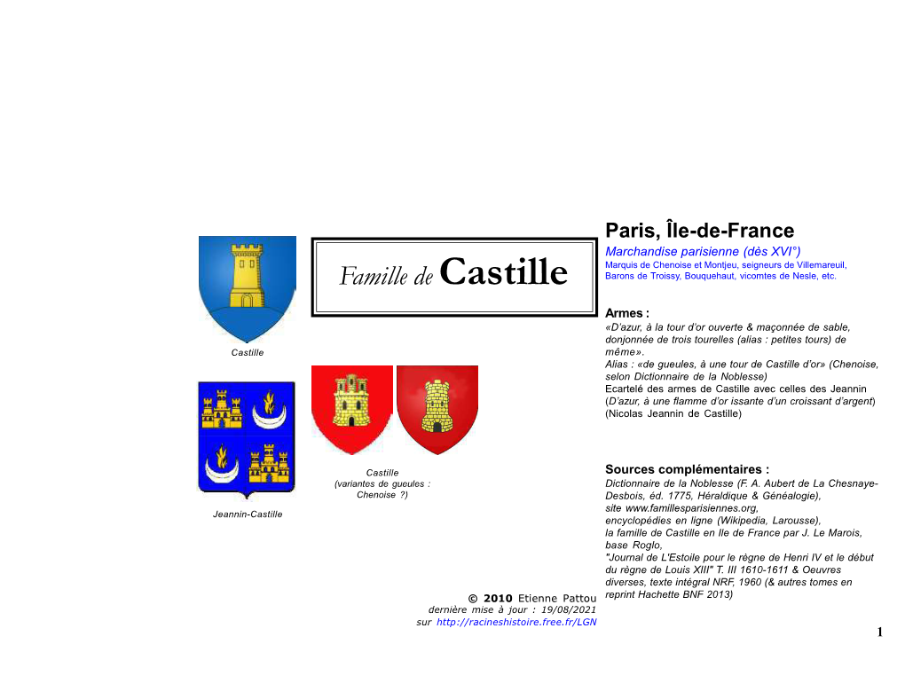 Famille De Castille Barons De Troissy, Bouquehaut, Vicomtes De Nesle, Etc