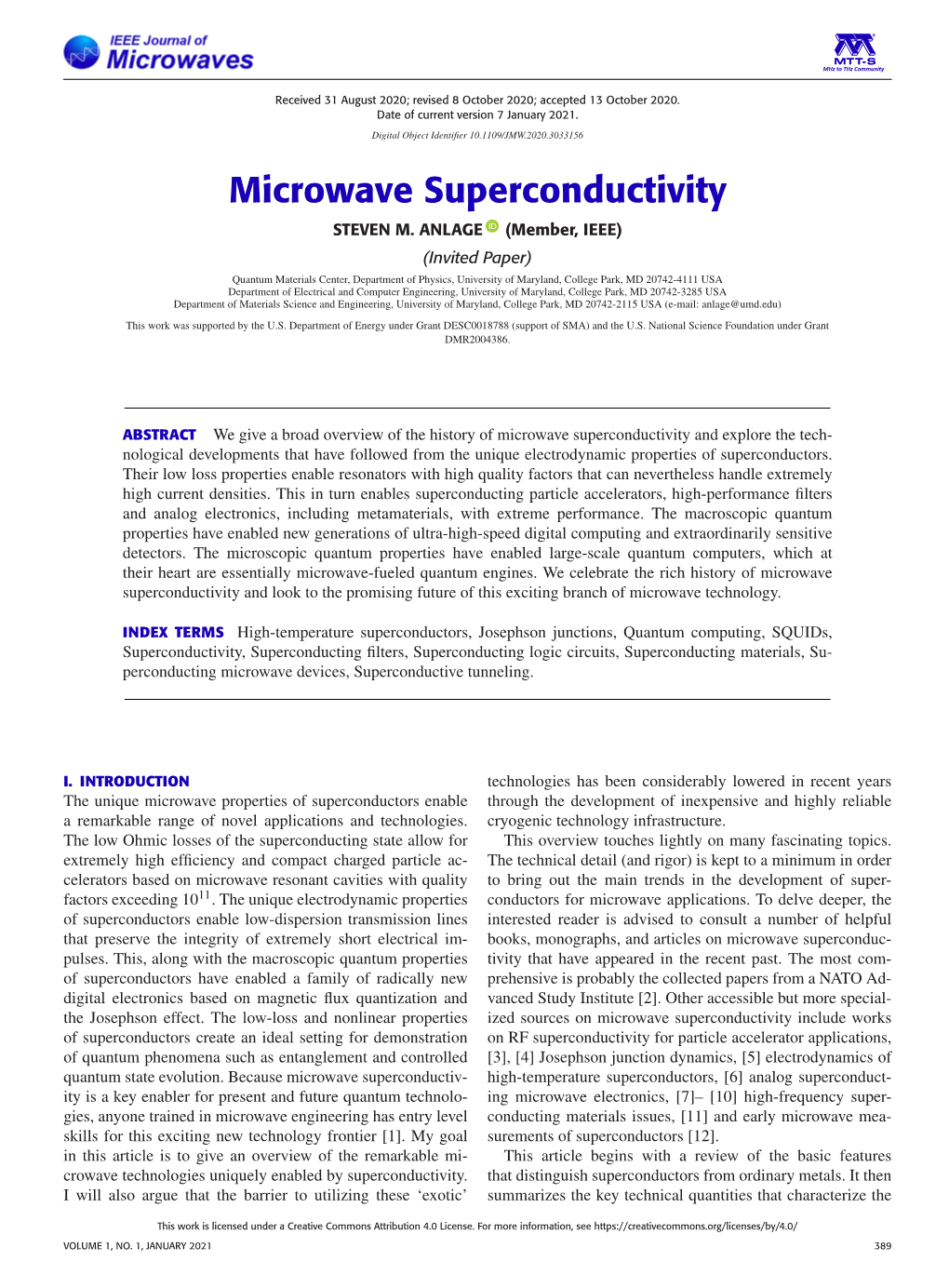 Microwave Superconductivity STEVEN M