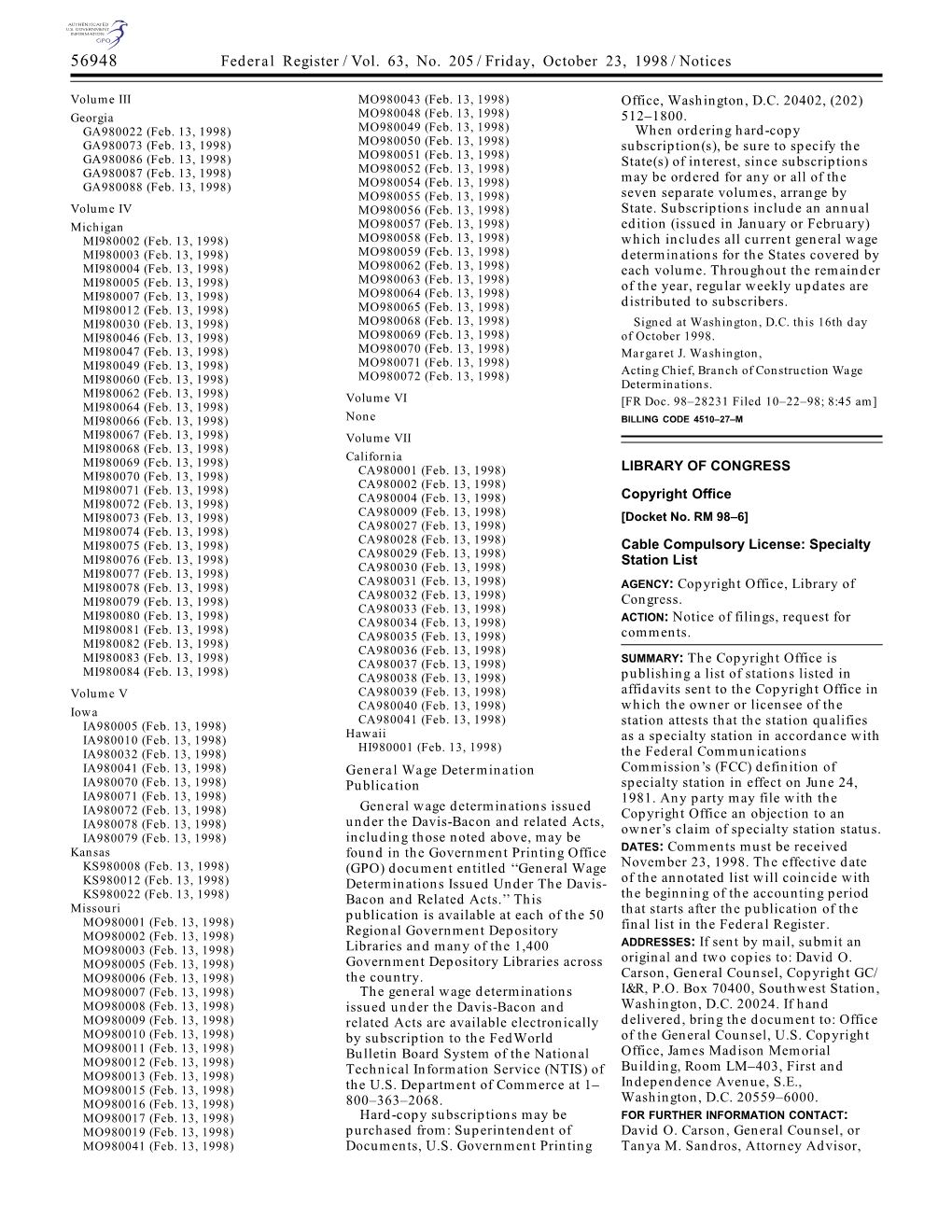 Federal Register/Vol. 63, No. 205/Friday, October 23, 1998/Notices