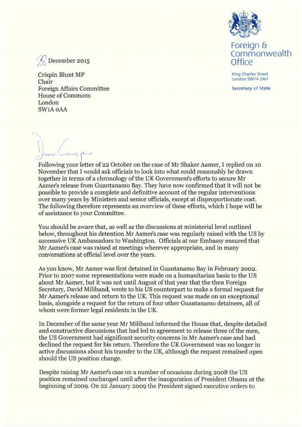 Foreign Secretary Letter on Shaker Aamer