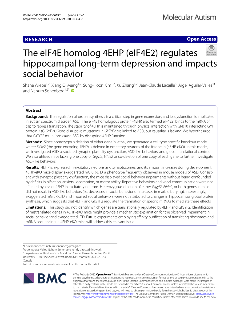 The Eif4e Homolog 4EHP (Eif4e2) Regulates Hippocampal Long-Term