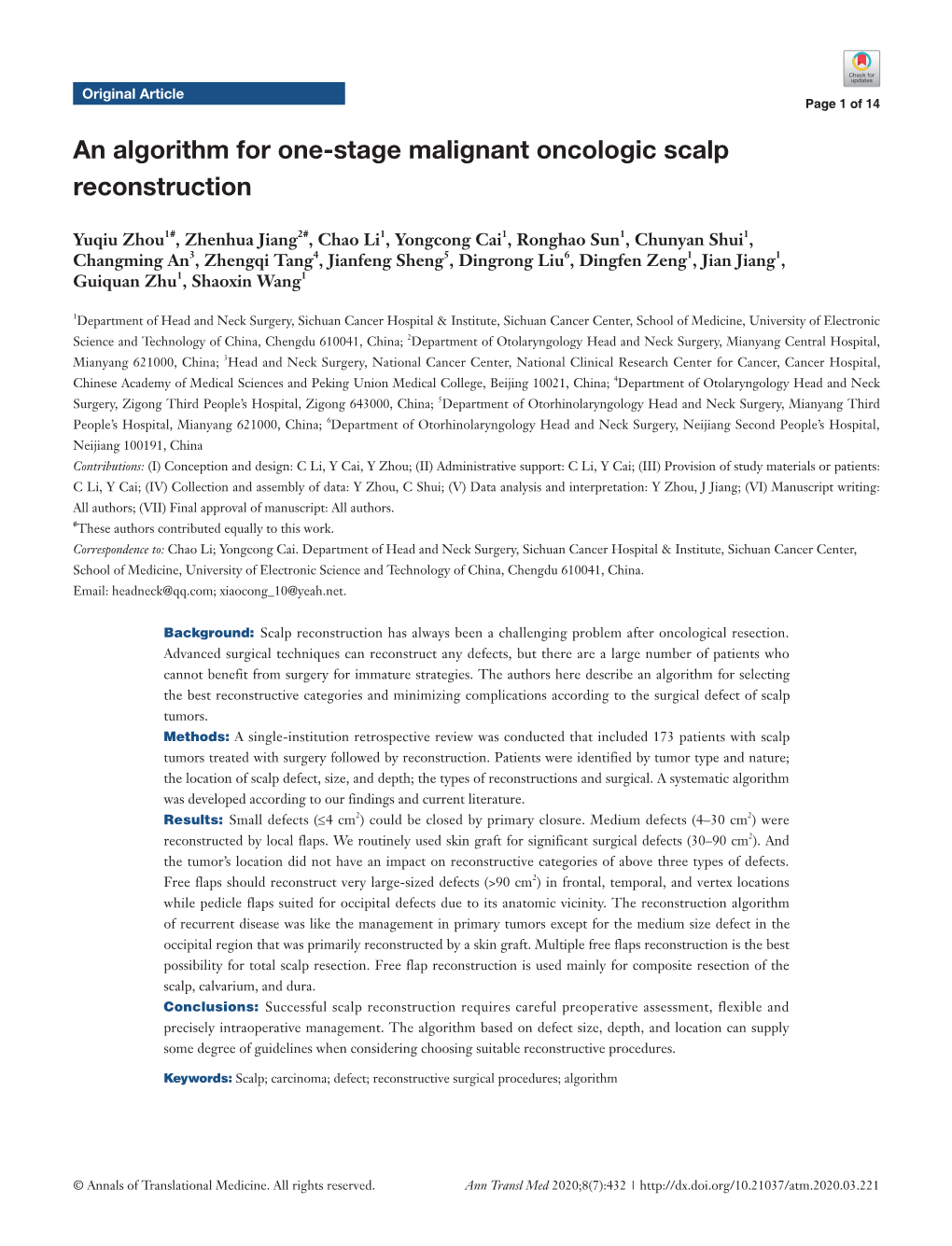 An Algorithm for One-Stage Malignant Oncologic Scalp Reconstruction