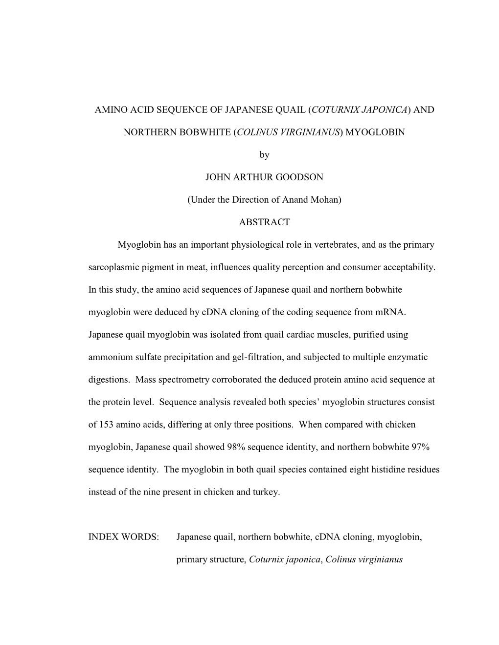 Amino Acid Sequence of Japanese Quail (Coturnix Japonica) And