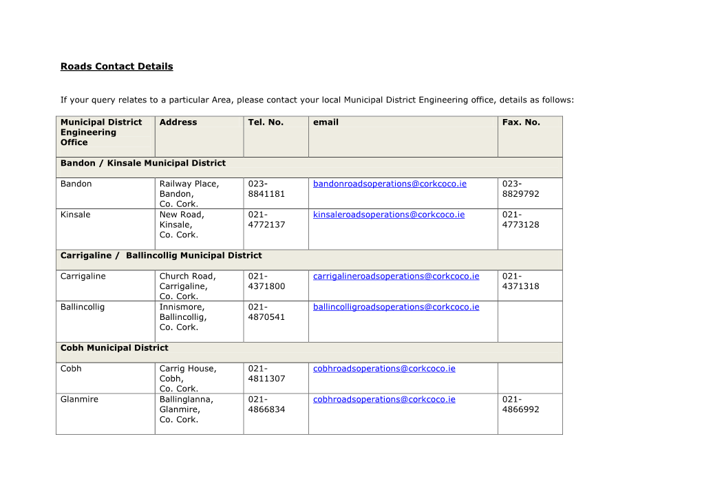 Roads Contact Details