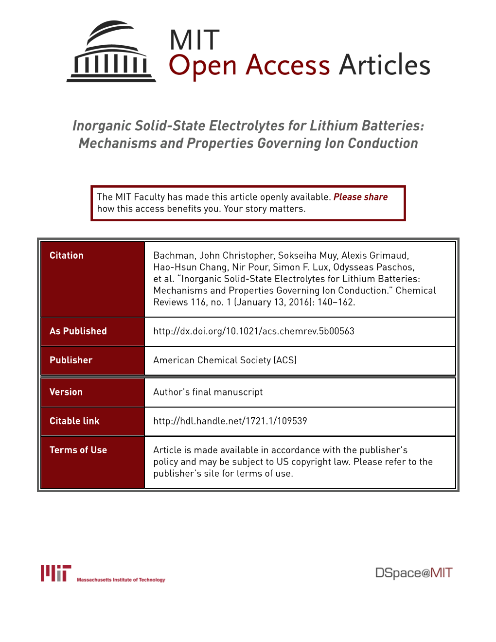 Inorganic Solid-State Electrolytes for Lithium Batteries: Mechanisms and Properties Governing Ion Conduction