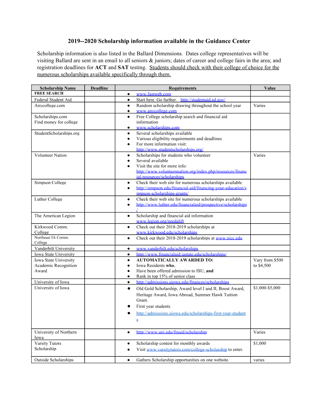 2019--2020 Scholarship Information Available in the Guidance Center