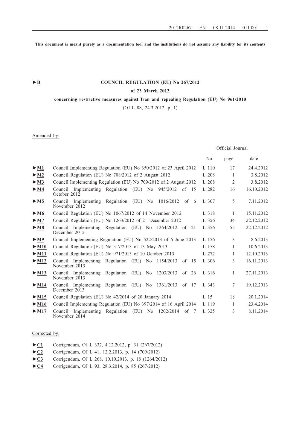 B COUNCIL REGULATION (EU) No 267/2012 of 23 March 2012 Concerning Restrictive Measures Against Iran and Repealing Regulation (EU) No 961/2010 (OJ L 88, 24.3.2012, P