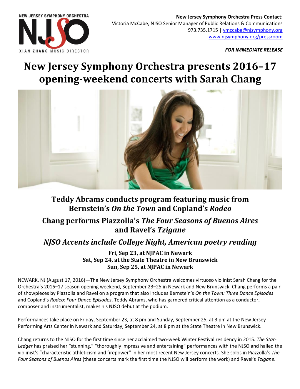 New Jersey Symphony Orchestra Presents 2016–17 Opening-Weekend Concerts with Sarah Chang
