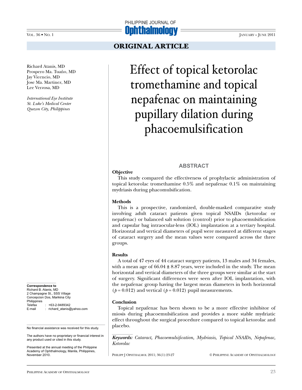 Effect of Topical Ketorolac Tromethamine and Topical