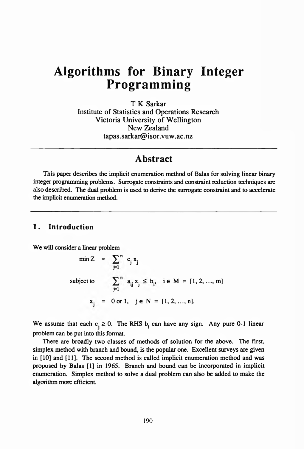 Algorithms for Binary Integer Programming