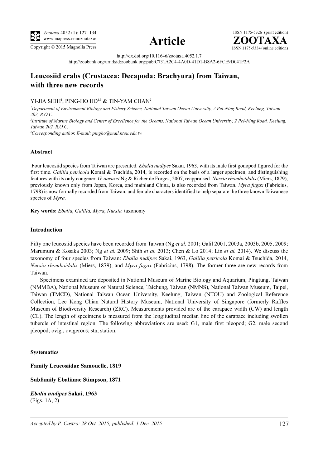 Crustacea: Decapoda: Brachyura) from Taiwan, with Three New Records