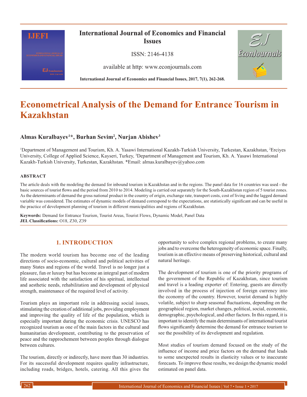 Econometrical Analysis of the Demand for Entrance Tourism in Kazakhstan