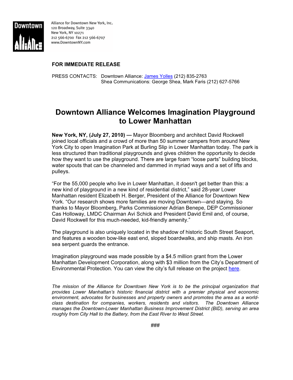 Downtown Alliance Welcomes Imagination Playground to Lower Manhattan