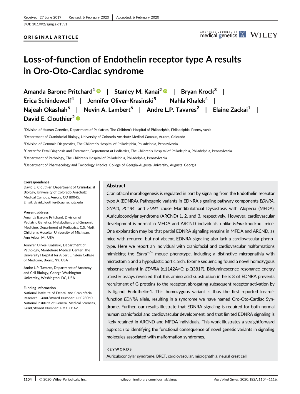 Loss-Of-Function of Endothelin Receptor Type a Results in Oro-Oto-Cardiac Syndrome