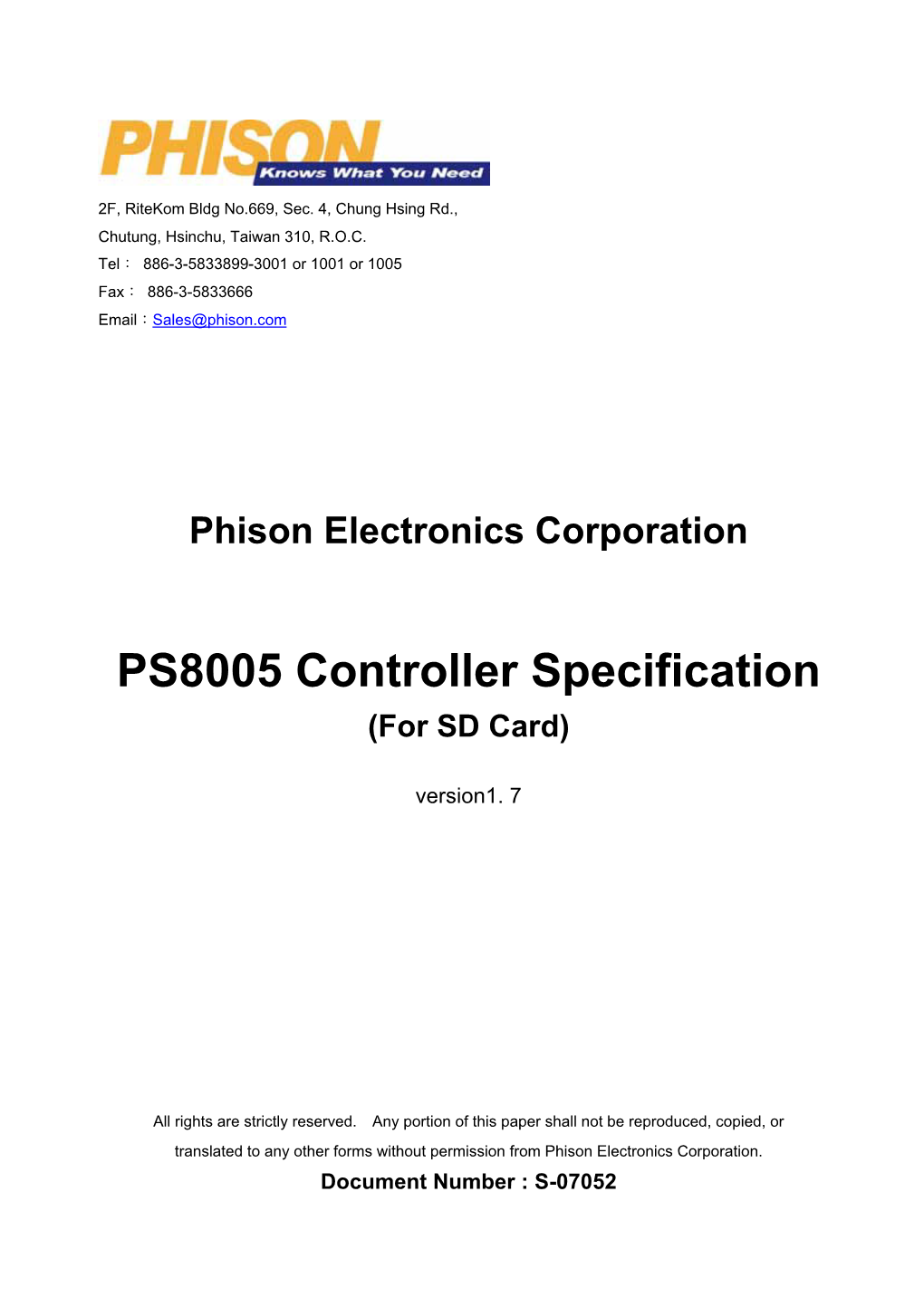 PS8005 Controller Specification (For SD Card)