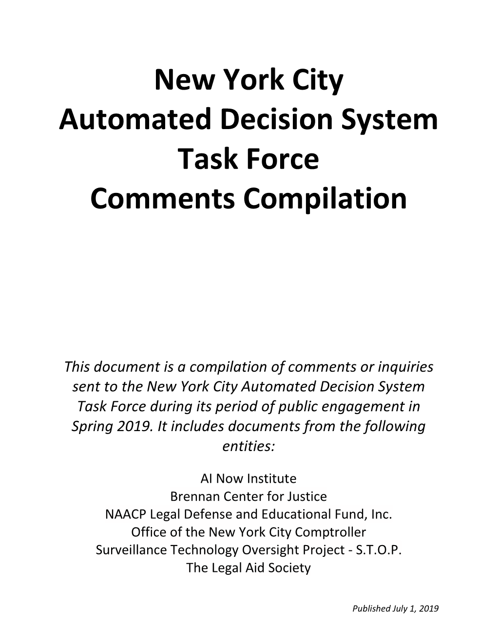 New York City Automated Decision System Task Force Comments Compilation