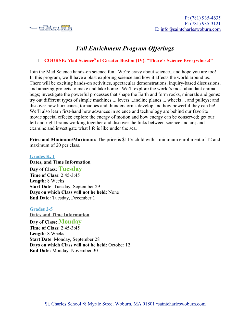 Fall Enrichment Program Offerings