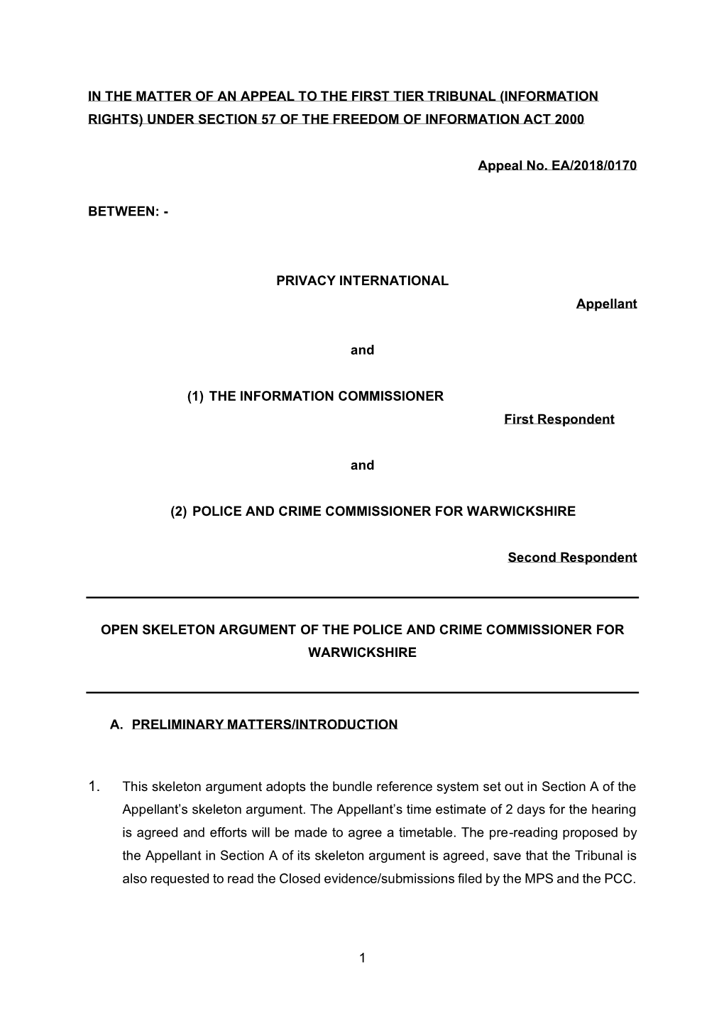 Skeleton of the Police and Crime Commissioner for Warwickshire