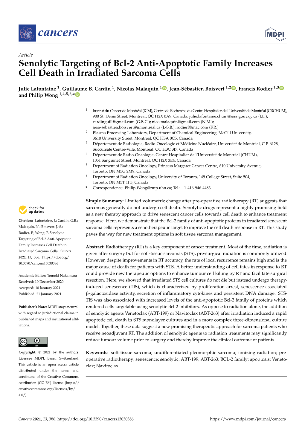 Senolytic Targeting of Bcl-2 Anti-Apoptotic Family Increases Cell Death in Irradiated Sarcoma Cells