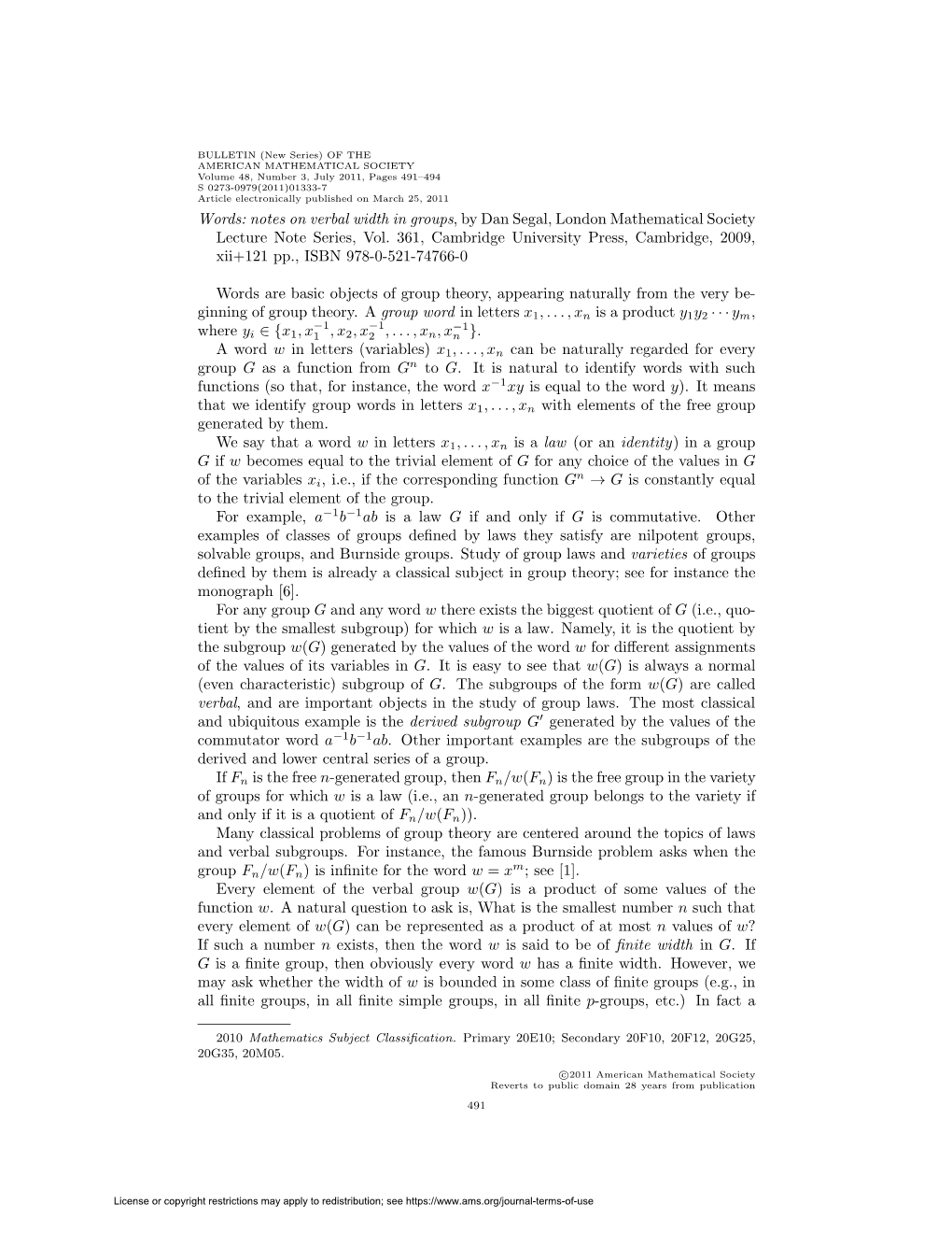 Words: Notes on Verbal Width in Groups, by Dan Segal, London Mathematical Society Lecture Note Series, Vol