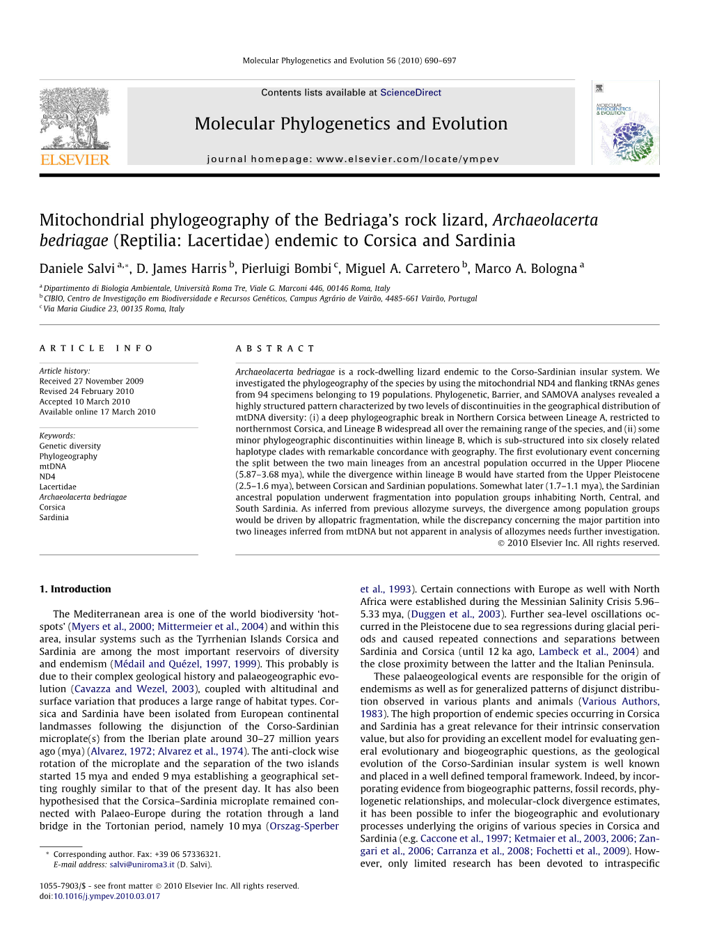 Mitochondrial Phylogeography of the Bedriaga's Rock Lizard, Archaeolacerta Bedriagae (Reptilia: Lacertidae) Endemic to Corsica