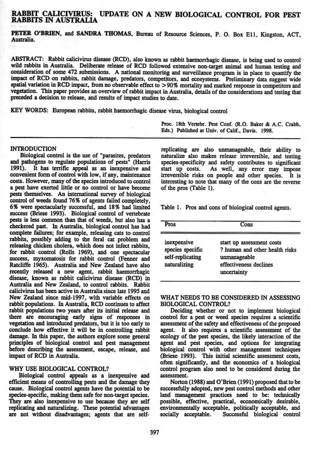 RABBIT Calicivirus: UPDATE on a NEW BIOLOGICAL CONTROL for PEST RABBITS in AUSTRALIA