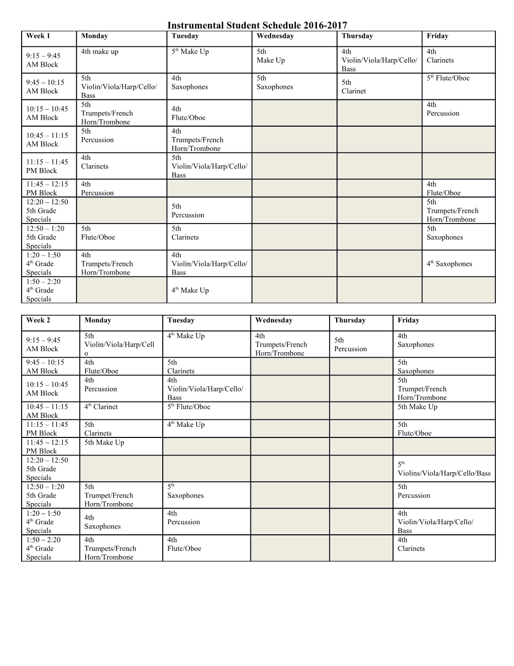 Instrumental Student Schedule 2016-2017