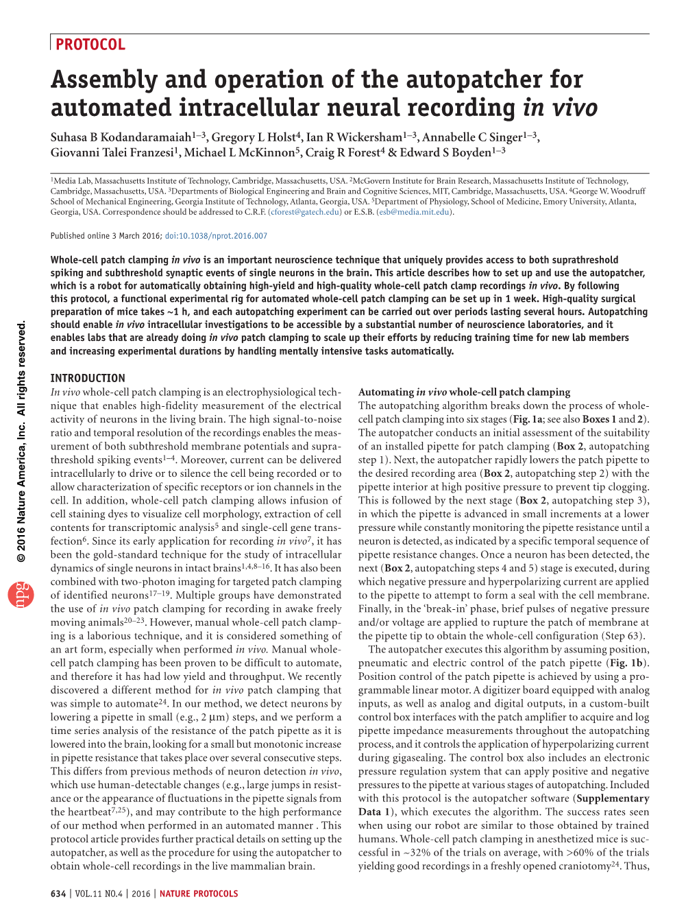 Assembly and Operation of the Autopatcher for Automated Intracellular Neural Recording in Vivo