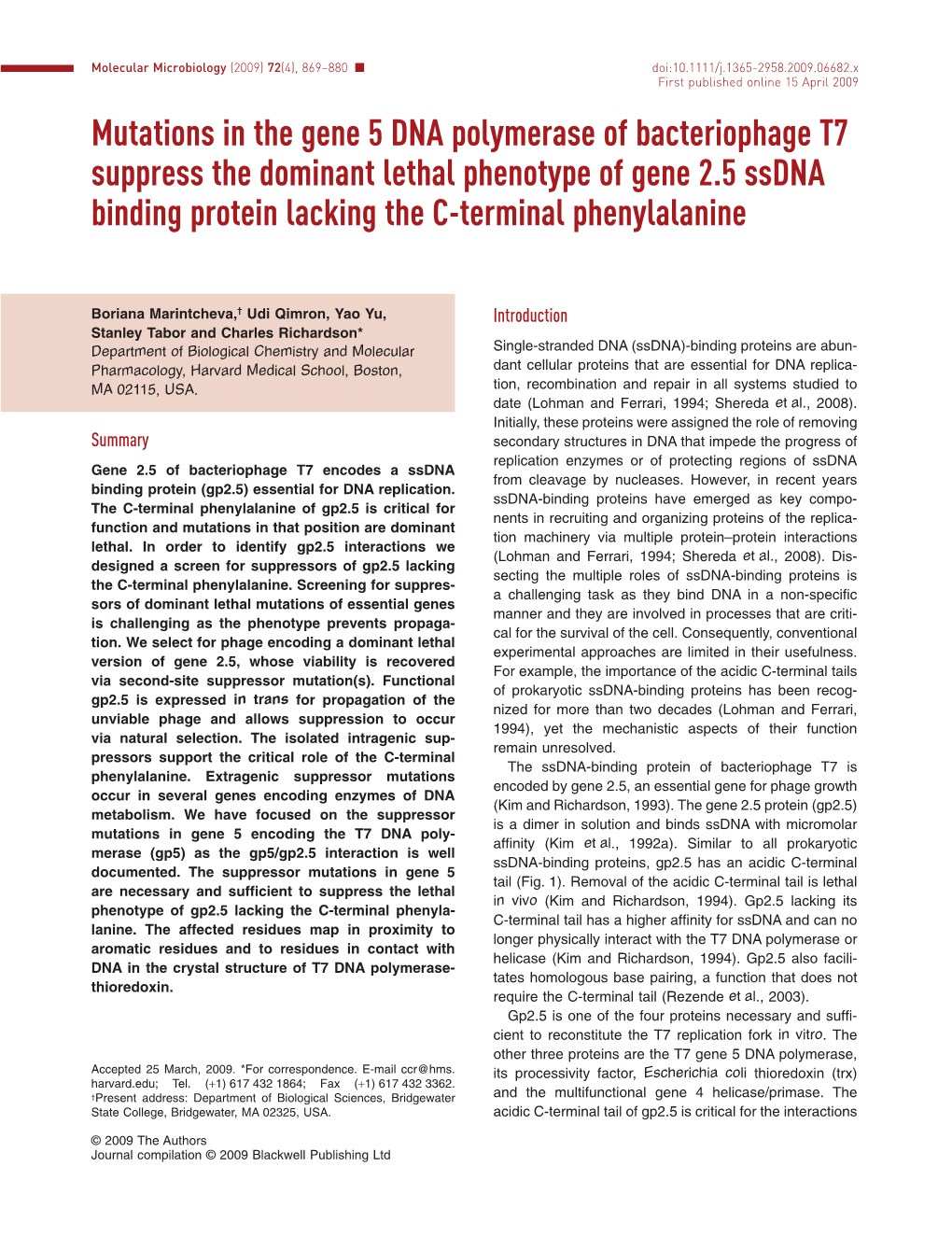 Mutations in the Gene 5 DNA Polymerase of Bacteriophage T7