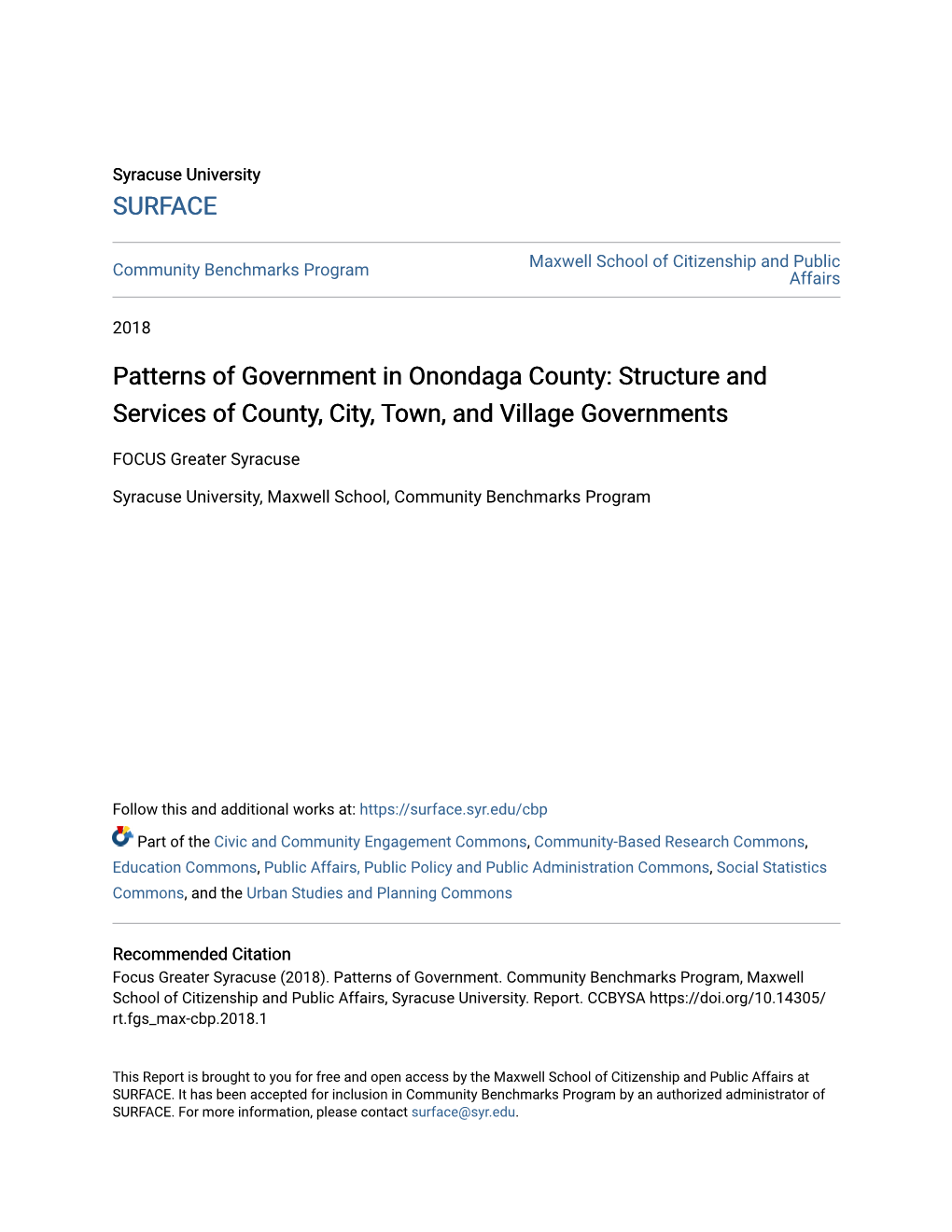 Patterns of Government in Onondaga County: Structure and Services of County, City, Town, and Village Governments