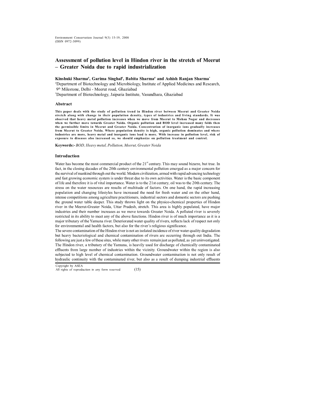 Assessment of Pollution Level in Hindon River in the Stretch of Meerut – Greater Noida Due to Rapid Industrialization