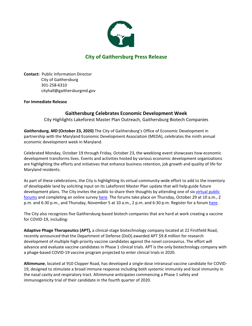 City of Gaithersburg Press Release