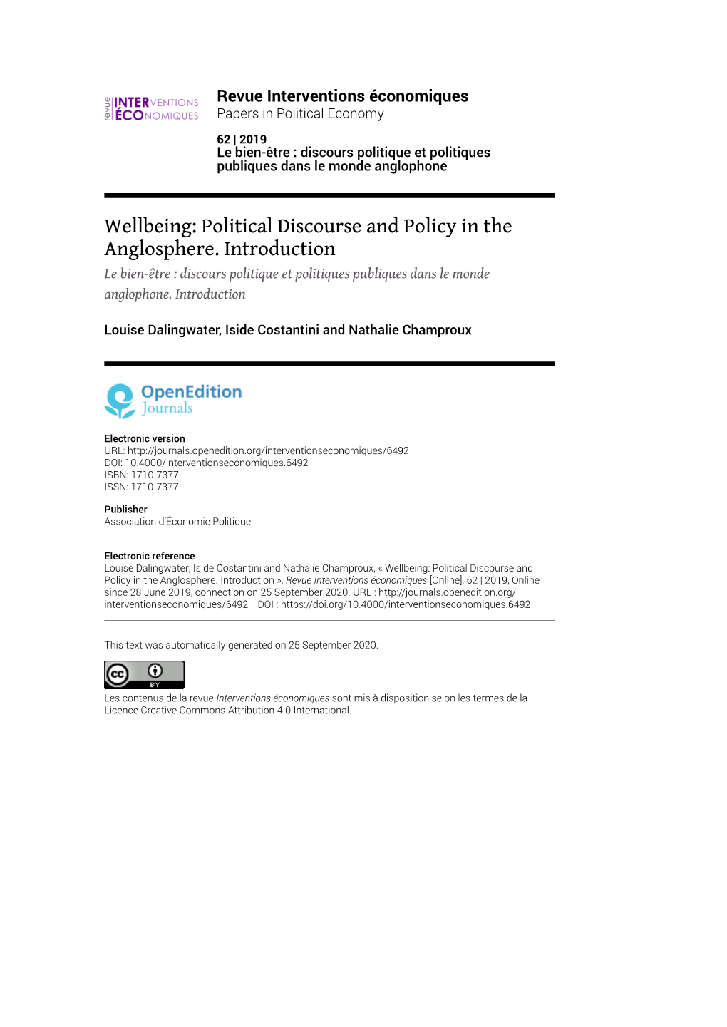 Revue Interventions Économiques, 62 | 2019 Wellbeing: Political Discourse and Policy in the Anglosphere