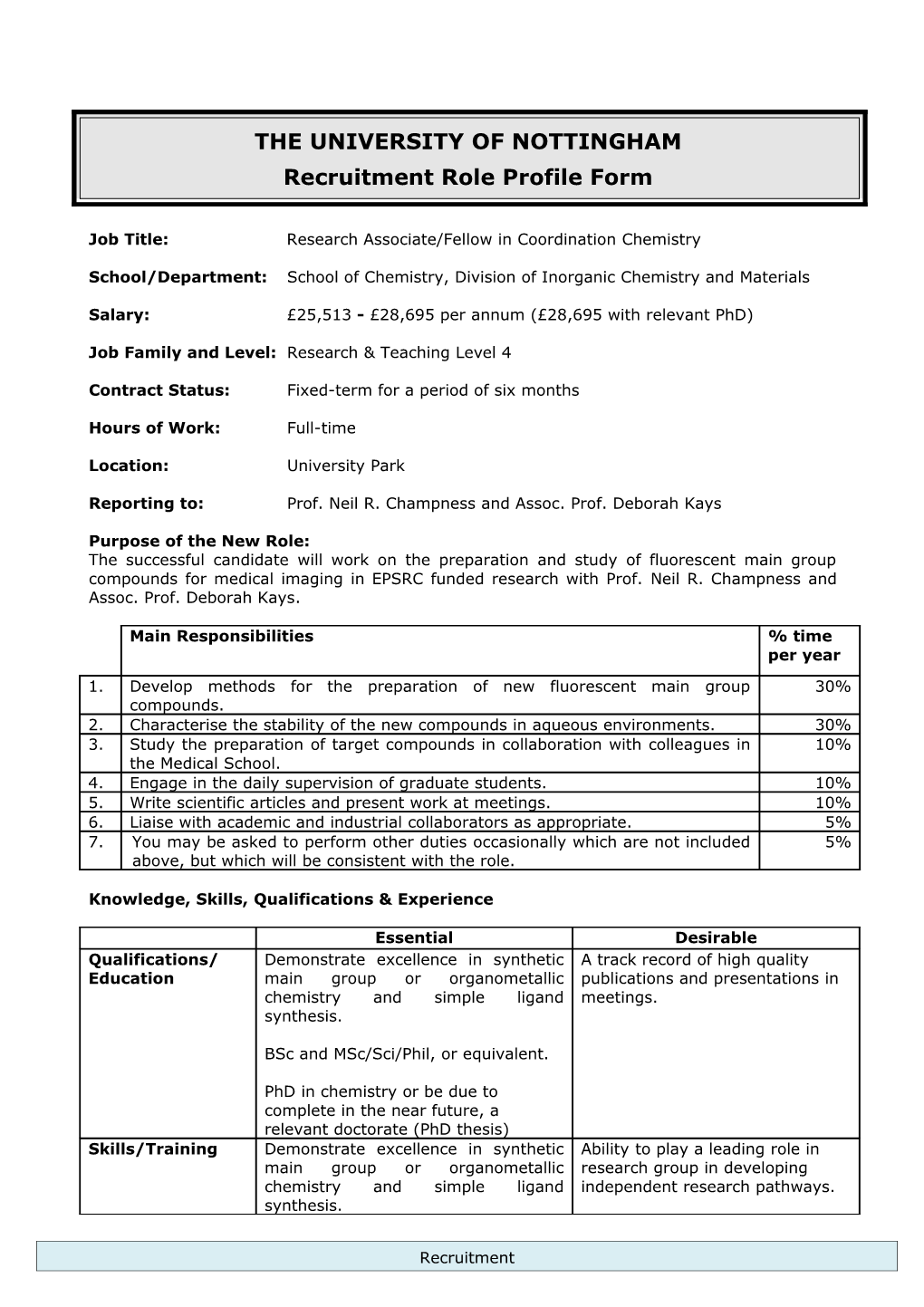 Job Title: Research Associate/Fellow in Coordination Chemistry