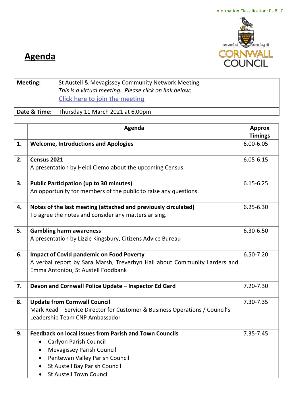 Agenda for St Austell & Mevagissey Community Network Meeting