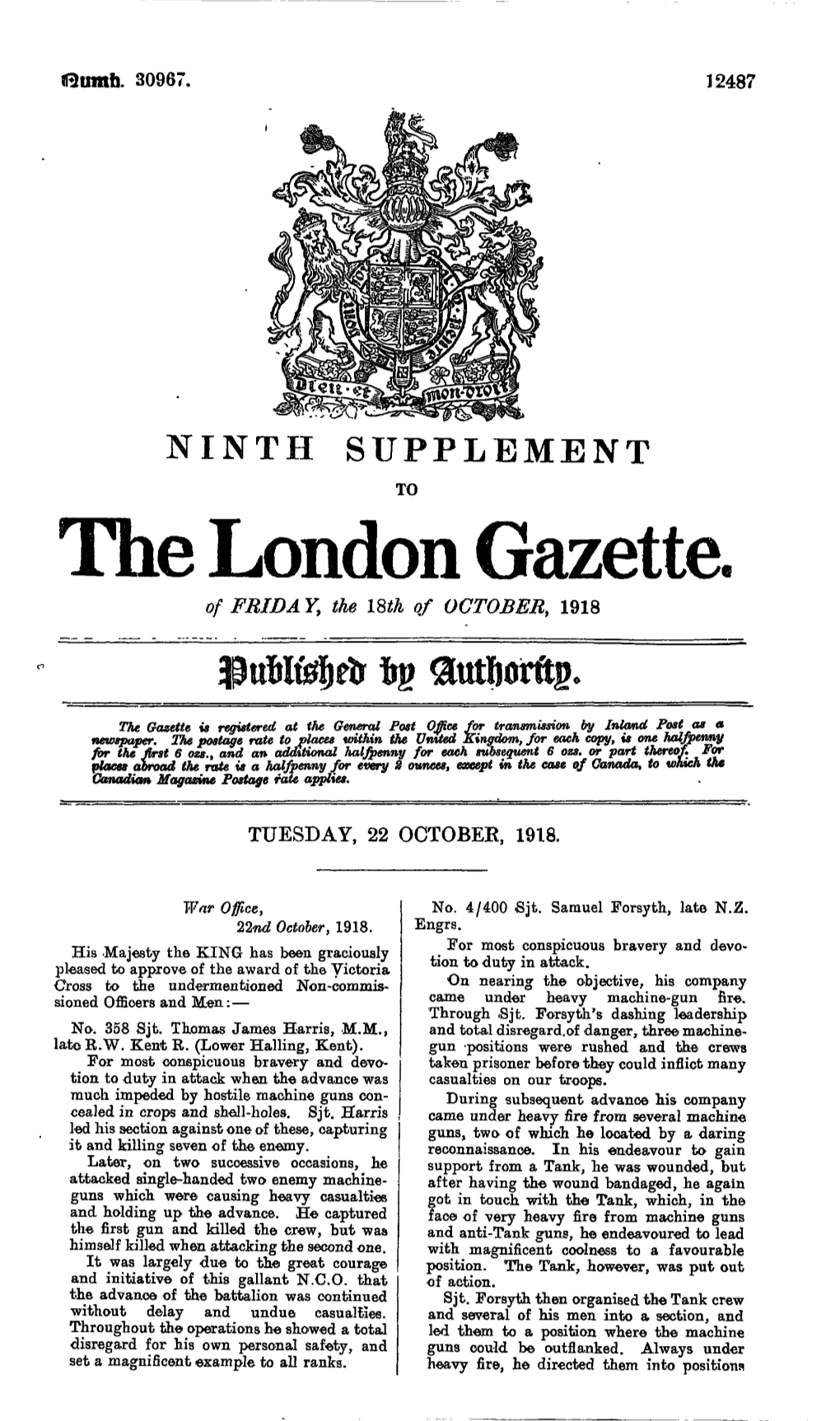 The London Gazette of FRIDA Y, the 18Th of OCTOBER, 1918