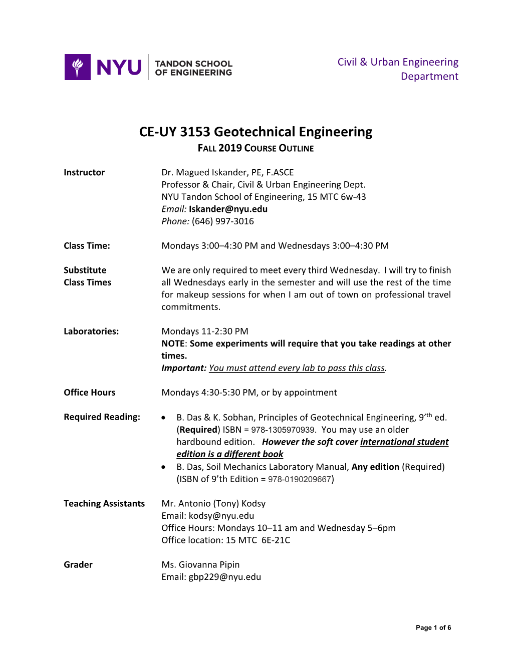 CE-UY 3153 Geotechnical Engineering FALL 2019 COURSE OUTLINE