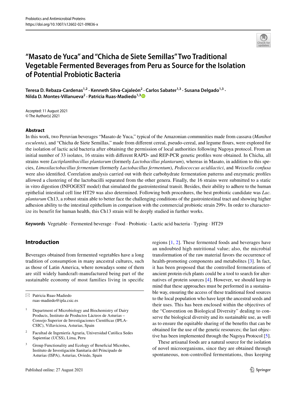 “Masato De Yuca” and “Chicha De Siete Semillas” Two Traditional Vegetable Fermented Beverages from Peru As Source for the Isolation of Potential Probiotic Bacteria